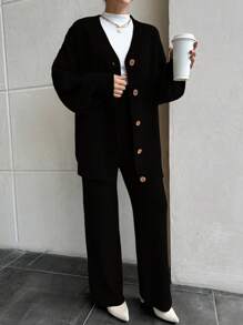 EURMUSE Women Drop Shoulder Button Front Cardigan And Sweater Pant 2 Piece Outfit Set Co-Ords - Black - View 7