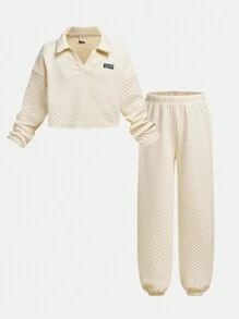 Tween-Mädchen 2-teiliges Set aus langärmligem Oberteil mit Steppkragen und passender Slim-Fit-Hose