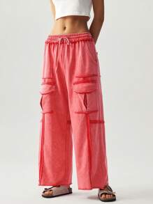 Bohemela 1 pieza Pantalones anchos de punto de unicolor con bolsillos 3D para mujer, ideal para vacaciones