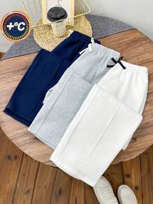 SHEIN Leap Crew 3pcs/Set Tween Boys Loose Casual Knit Sweatpants Set - Navy Blue - View 1