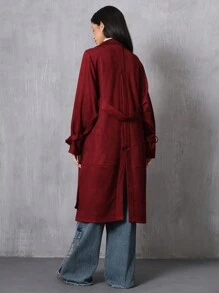 Chiquease Áo khoác dài tay hở lưng giả da lộn màu đỏ rượu vang thời trang cho tiệc ngày lễ - Đỏ - Xem 2
