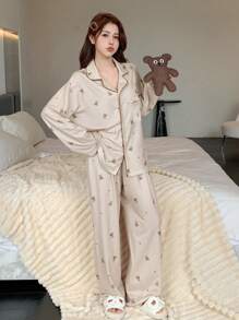 DAZY Women's Cute Bear Printed Lapel Collar Contrast Binding Long Sleeve Shirt And Pants Pajama Set
