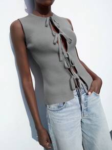 Maija Blusa sin mangas ajustada con cuello redondo y lazo, de color gris, para mujer, para primavera/verano