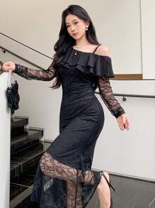 DAZY Vestido midi con volantes asimétricos de encaje y parches, adecuado para citas, bailes de graduación y ropa de otoño