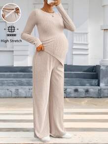SHEIN 2pcs Pregnant Women Casual Set - Solid Color Round Neck Long Sleeve Asymmetric Hem T-Shirt And Adjustable Waist Pants, Autumn