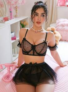 PetitDoll 5件套浪漫蕾丝可爱迷你裙套装，适合外出 - 黑色 - 查看 5