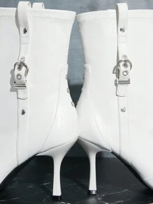 SHUZIA Women's Pull On Stretch PU Stiletto Heel Pointy Toe Shoe Booties New Year Holiday Valentines - White - View 5