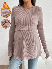 SHEIN 孕妇圆领长袖罗纹休闲哺乳上衣 - 粉色 - 查看 1