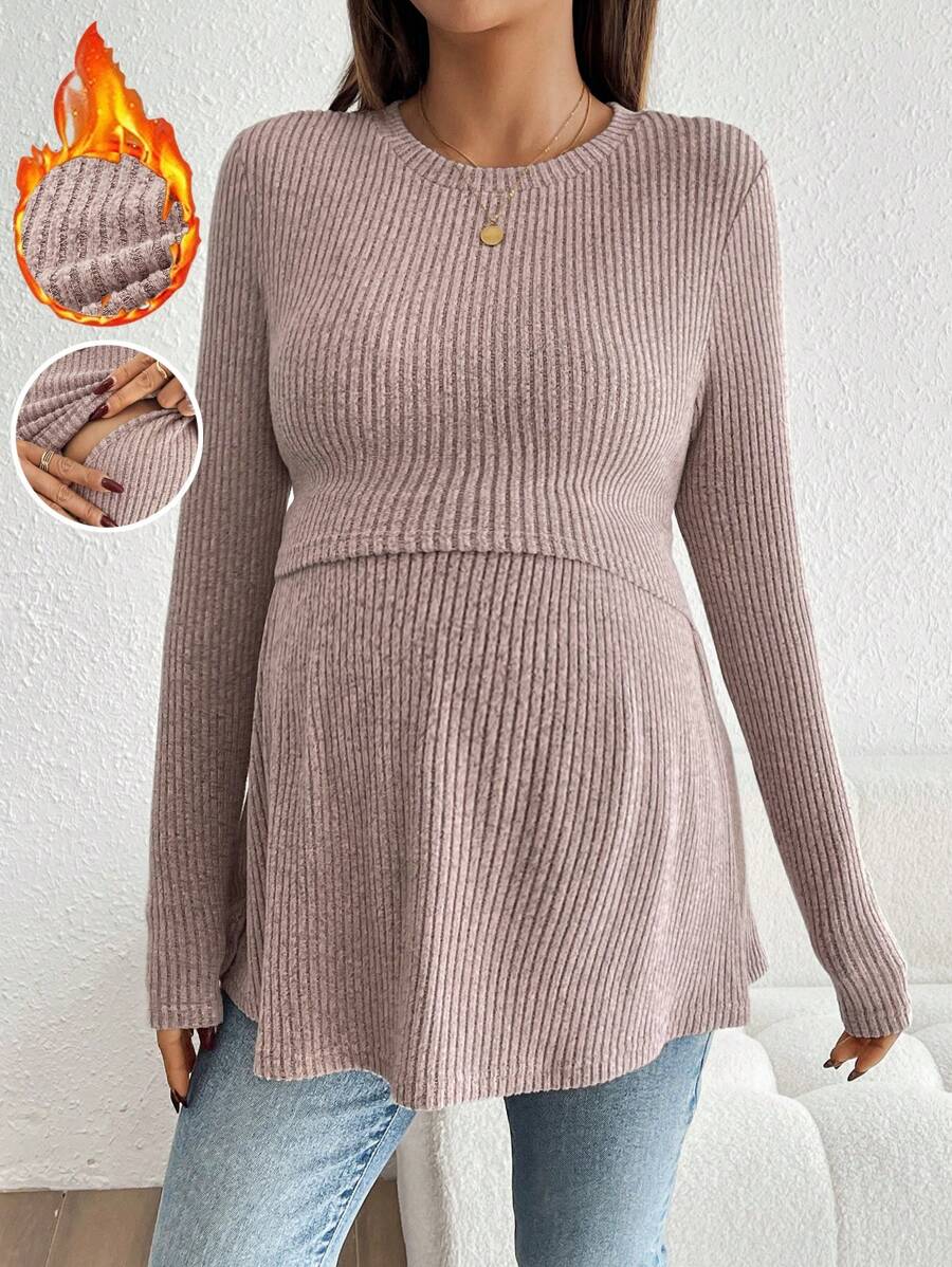 SHEIN 孕妇圆领长袖罗纹休闲哺乳上衣 - 粉色 - 查看 1