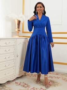 Lyxana Women's Pleated Long Sleeve Dress With Stand Collar, Elegant, Solid Color, Autumn Maxi Women Outfit