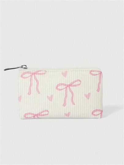 Kawaii Portamonete beige con fiocco e stampa, adatto per l'uso quotidiano delle donne