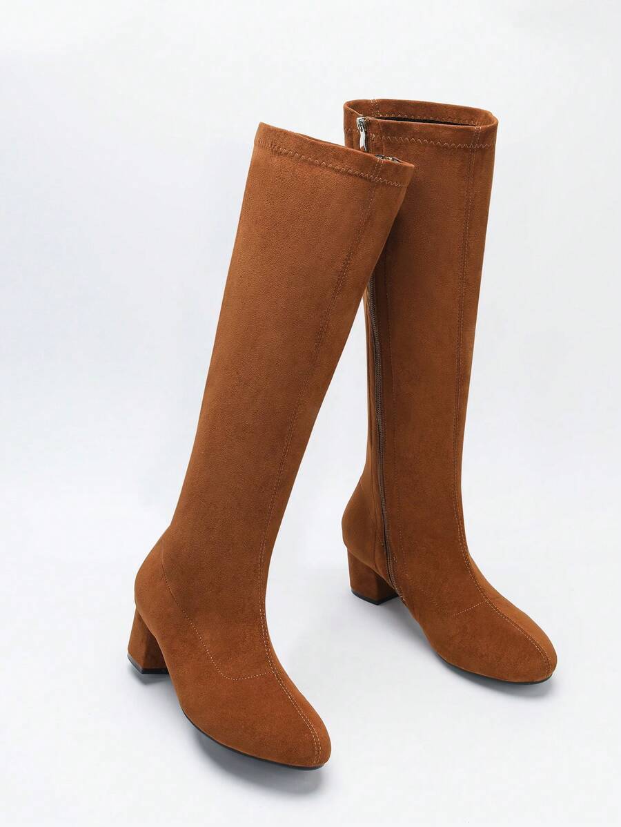 CUCCOO CURVES Women's Wide Fit Suede Chunky Heel Over-The-Knee Boots, Versatile Fashion Elastic Thigh High Boots For Autumn/Winter For Christmas And New Year Holiday Vibe Fall And Winter - Brown - View 1