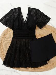 Women's Solid Color V-Neck Mesh Short Sleeve Casual Swimsuit Cover Up Dress For Vacation Summer