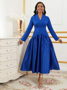Lyxana Women's Pleated Long Sleeve Dress With Stand Collar, Elegant, Solid Color, Autumn Maxi Women Outfit