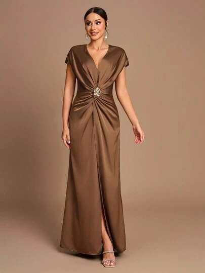 SHEIN Belle Váy phù dâu chữ A xếp ly tay ngắn màu cà phê lãng mạn thanh lịch xẻ tà