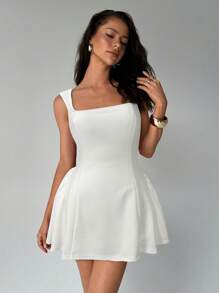 Aloruh Women's Solid White Mini Puff Sleeve Scoop Neck Ruched Waist Floral Dress, Sexy & Elegant For Christmas Date Night Out - White - View 3