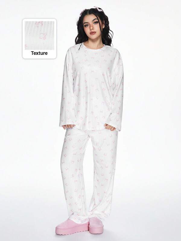 ROMWE Kawaii Set de pijamale de top și pantaloni cu mâneci lungi cu imprimeu cu fundă cu nervuri tricotate Kawaii, îmbrăcăminte confortabilă pentru acasă