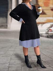 SHEIN LUNE Plus Size 2 In 1 Blue And White Ribbed Contrast Knitted Cord Casual Versatile Straight Collar Dress For Women - Black - View 5