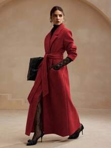 Anewsta Red Tied Waist Long Coat With Blazer Collar, Elegant & Stylish Women's Outerwear, Suitable For New Year For New Year Clothes - Red - View 4
