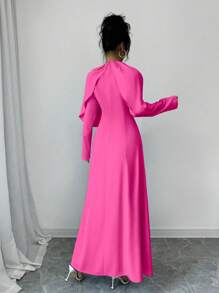 Elenzga Robe longue élégante, plissée, à manches longues, col rond, de couleur unie, pour femmes en automne - Rose vif - Voir 2