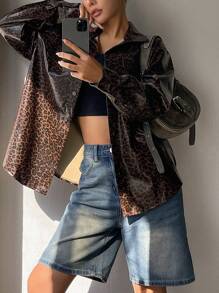 DAZY Women Leopard Print PU Leather Shirt, Minimalist Fashion Casual Everyday
