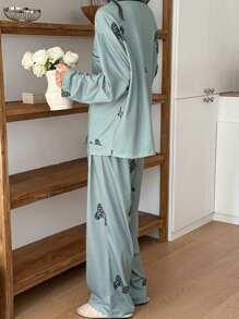 DAZY 女士蝴蝶印花落肩长袖纽扣睡衣套装，宽松睡衣