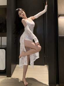 DAZY Lace Form-Fitting High Slit Slip Dress With Lace Sleeve Set, Sexy Nightgown - White - View 7