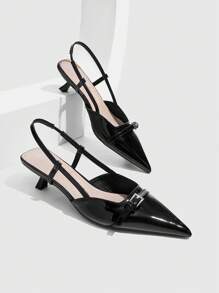 CUCCOO BIZCHIC Women's Pointed Toe Low Heel Black Comfort Slingback Flats, Suitable For Commute And Daily Wear