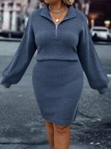 SHEIN CURVE+ Halber Reißverschluss einfarbiges, strukturiertes Kleid mit geraffter Taille und Laternenärmeln, Herbst/Winter - Blau - Übersicht 5