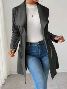 Chiquease Casual Solid Color Drawstring Waist Mid-Length Jacket, Autumn - Dark Grey - View 5