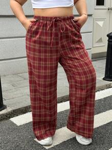 SHEIN EZwear 秋冬季大码棉质系带复古格纹裤 - 紅色 - 查看 3