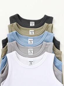 5pcs/Set Baby Boys' Sleeveless Vests, Solid Colors, Ribbed Fabric With Excellent Elasticity, Suitable For Summer Occasions, Great Value