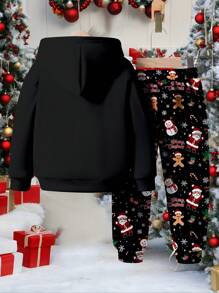 SHEIN 男婴圣诞主题舒适多彩家庭图案宽松针织柔软连帽衫和运动裤服装套装，适合秋冬季