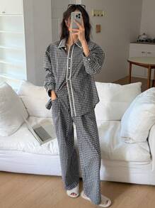 DAZY Plaid Pattern Contrast Trim Loose Shirt Style Casual Pajama Set