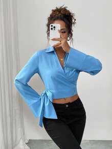 Chiquease 女士时尚交叉带长袖衬衫 - 藍色 - 查看 4