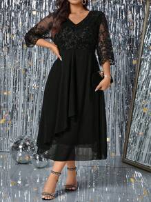 SHEIN Clasi Plus Size Women V-Neck Embroidered Contrast Mesh Elegant Dress Maxi Women Outfit
