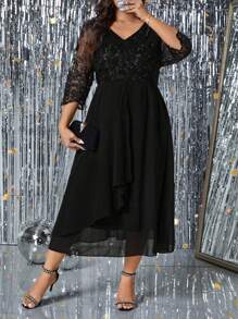 SHEIN Clasi Plus Size Women V-Neck Embroidered Contrast Mesh Elegant Dress Maxi Women Outfit