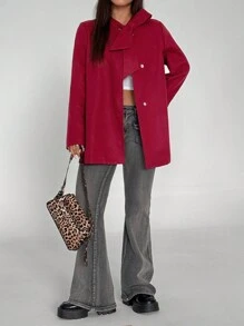 SHEIN Unity Women's Solid Color Crew Neck Tie-Up Long Sleeve Single Button Loose Overcoat, Autumn/Winter For New Year Clothes Fall Cloth For Women - Red - View 3