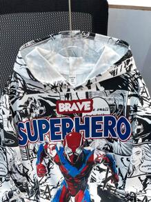 2 件套青少年男孩休闲动漫图案印花连帽衫和宽松运动裤套装，适合通勤、上学、日常、度假、秋季、冬季运动，加厚羊毛 - 黑與白 - 查看 3