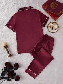 LuxeNights 2pcs Imitation Silk Heart Embroidered Short Sleeve Top And Pants Pajama Set - Maroon - View 2