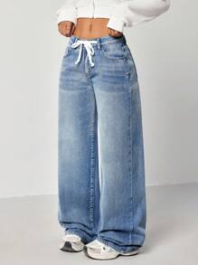 SHEIN EZwear Women's Autumn Belted Waist Pocket Loose High Waist Wide Leg Casual Jeans