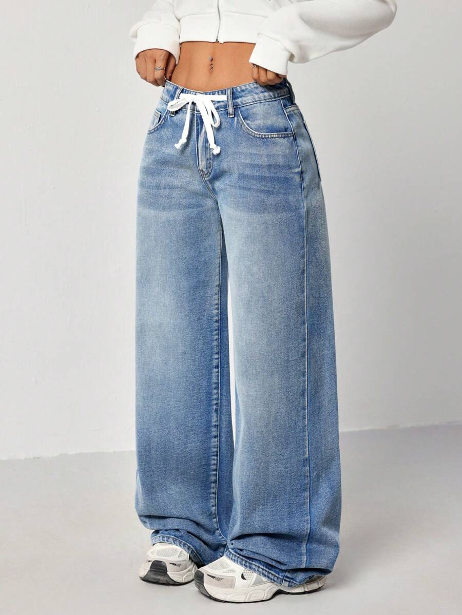 SHEIN EZwear Women's Autumn Belted Waist Pocket Loose High Waist Wide Leg Casual Jeans