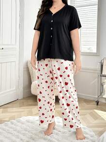 Plus Size Solid Color Cardigan Short Sleeve Top And Heart Print Long Pants Pajamas Set