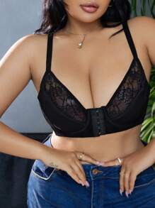 Plus Size 1pc Front Closure Lace Patchwork Underwired Bra, Suitable For Valentine's Day
