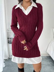 SHEIN Essnce Autumn Women's Sweater Dress Gray Miumiu Style Commuting Wear, 2 In 1 Woolen Dress Daily Casual Commuting Slim Short Long-Sleeved Dress, Workplace Wear, Fall Women Outfits, Christmas Women Dress, Valentine's Day Mini Slim Slimming Dress