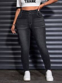 SHEIN EZwear Plus Size Women Pocketed Skinny Casual Jeans, Versatile - Dark Wash - View 6