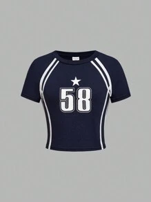 SHEIN Girlism 青少年女孩运动风格条纹和数字印花短袖短款 T 恤，适合日常休闲穿着