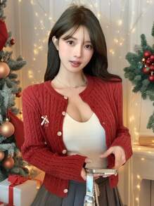 DAZY Textured Cable Knit Embroidery Letter Cardigan Sweater, Christmas Wear For Women ,Holiday