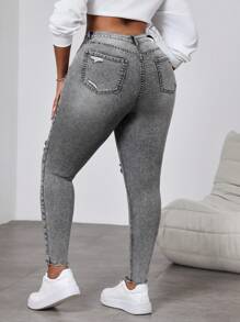 Slaydiva Plus Size Distressed Black Skinny Stretch Denim Jeans, Fall Women Clothes