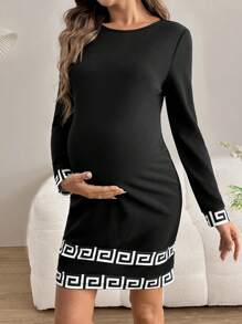 SHEIN 女士优雅通勤舒适日常几何印花拼布下摆长袖针织连衣裙 - 黑色 - 查看 5